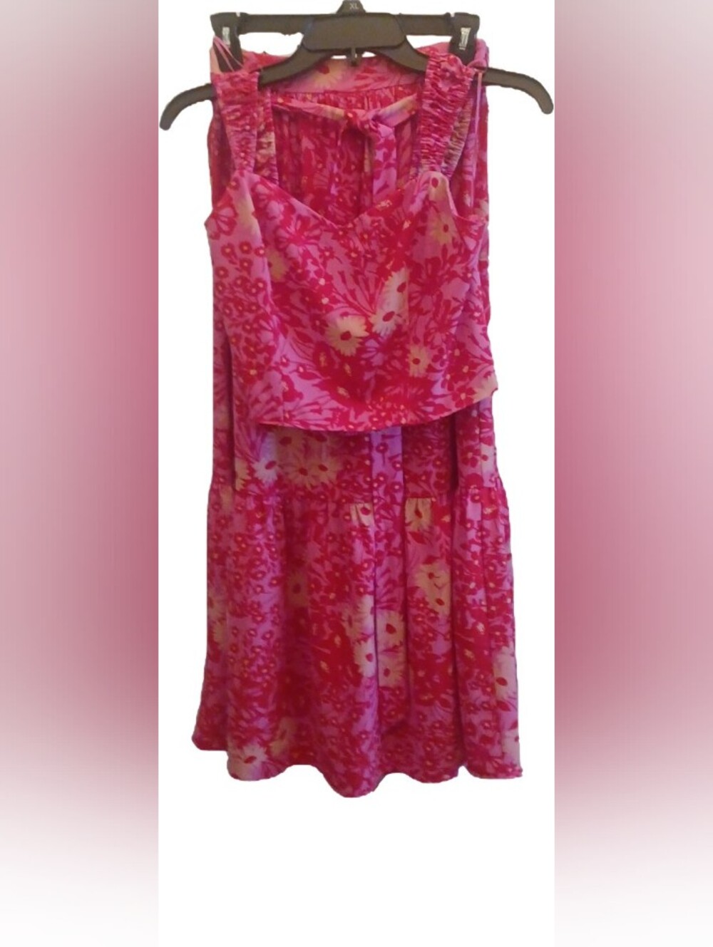 Sugar Pink Floral Ruffle-Shoulder Skirt Set (Top Is S, Skirt Is XS)